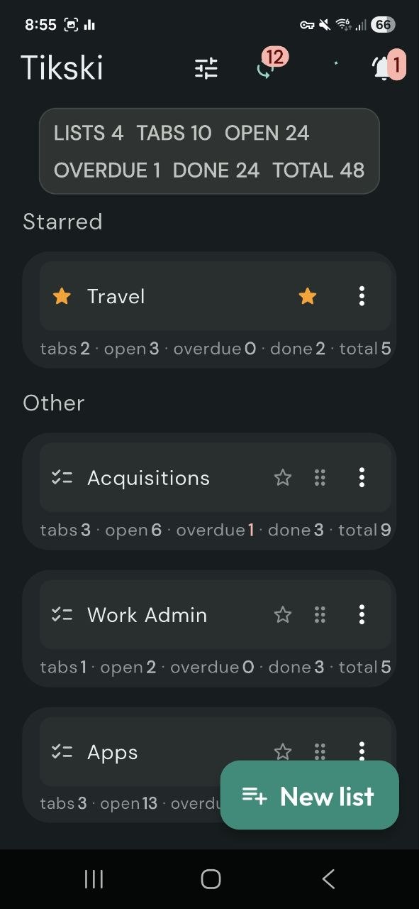 Tikski home dashboard in dark theme