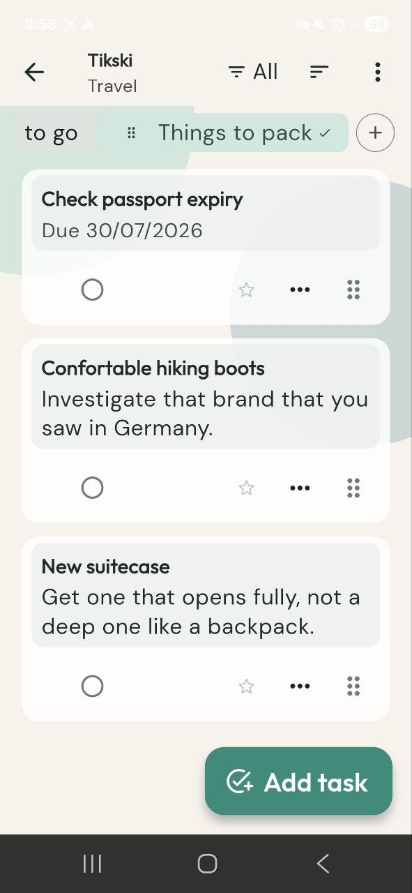 A travel packing list with due dates and notes