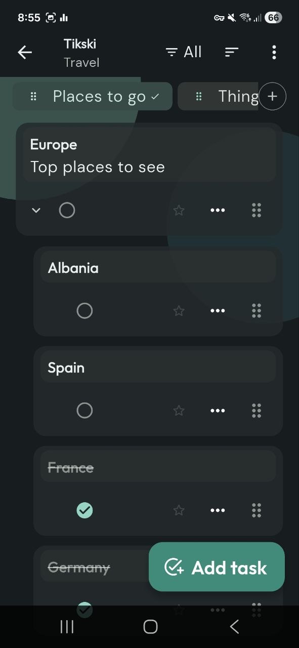 Nested task groups with completed items in dark theme